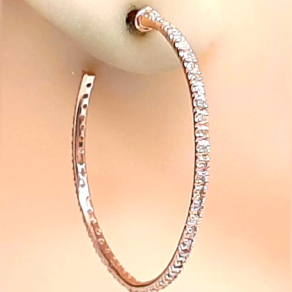 Auth NWOT Natural Diamond 14K Rose Gold Over 925 Silver Large Hoop Earrings 1ct - Picture 2 of 4